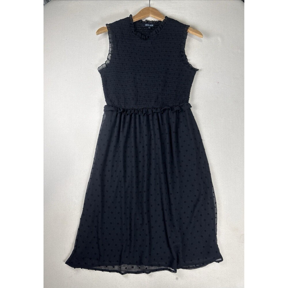 Max + Ash Black Swiss Dot Dress Smocked Bodice Sleeveless Midi Ruffle Trim M